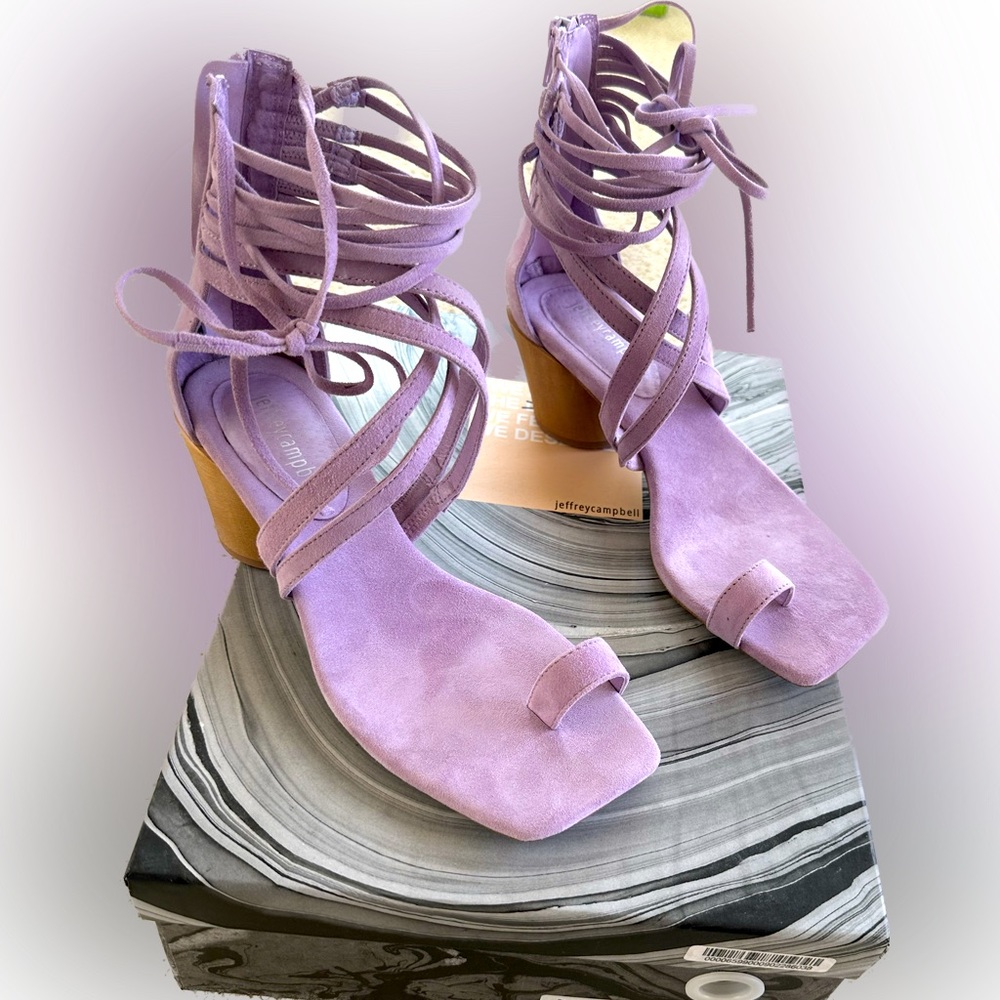 Jeffrey Campbell Rowen: slanted cone heel, squared-off toe signal, & ankle-wrap